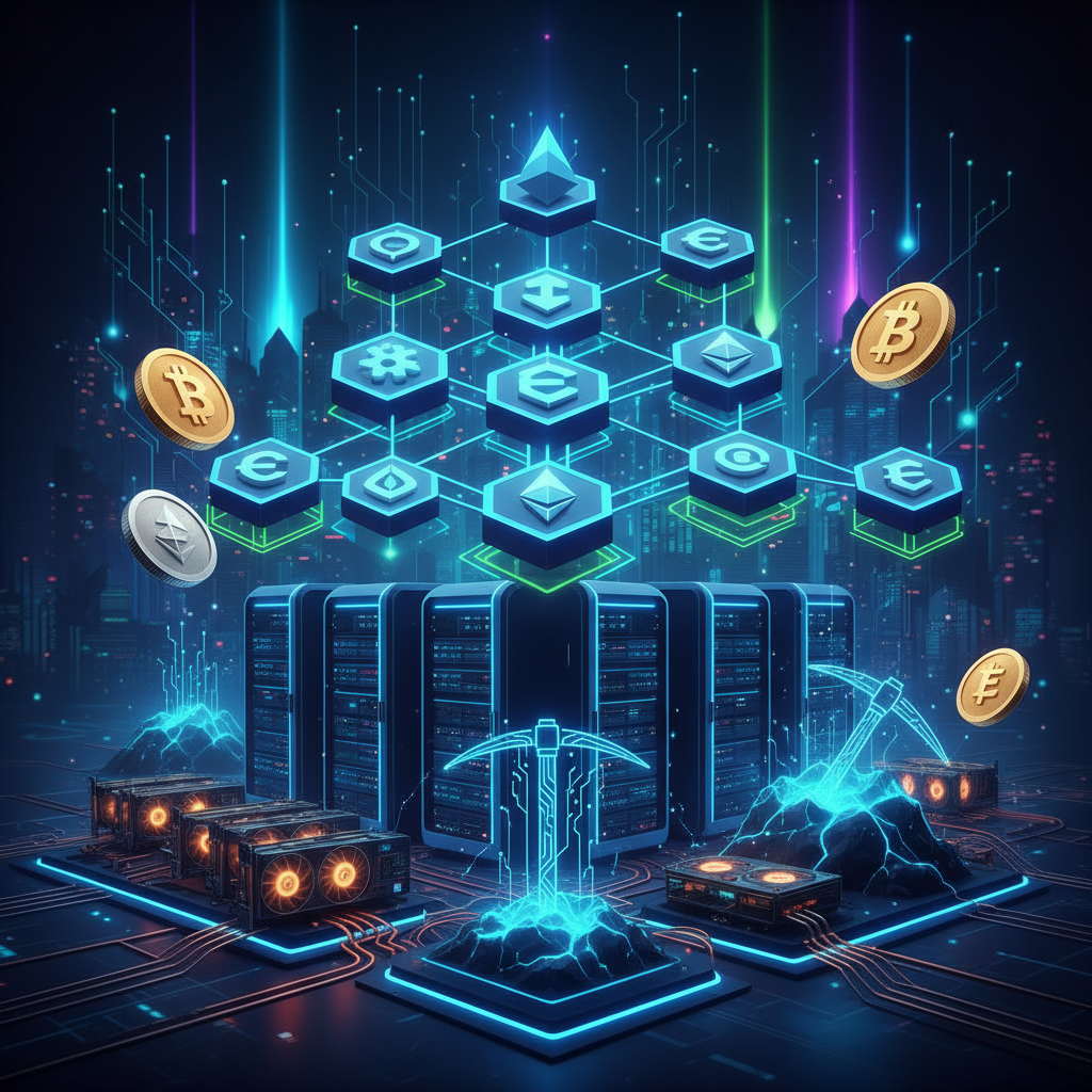 Profitable Crypto Mining Guide | How to Mine Cryptocurrencies in 2025 2 Cryptocurrency mining and blockchain node concept illustration