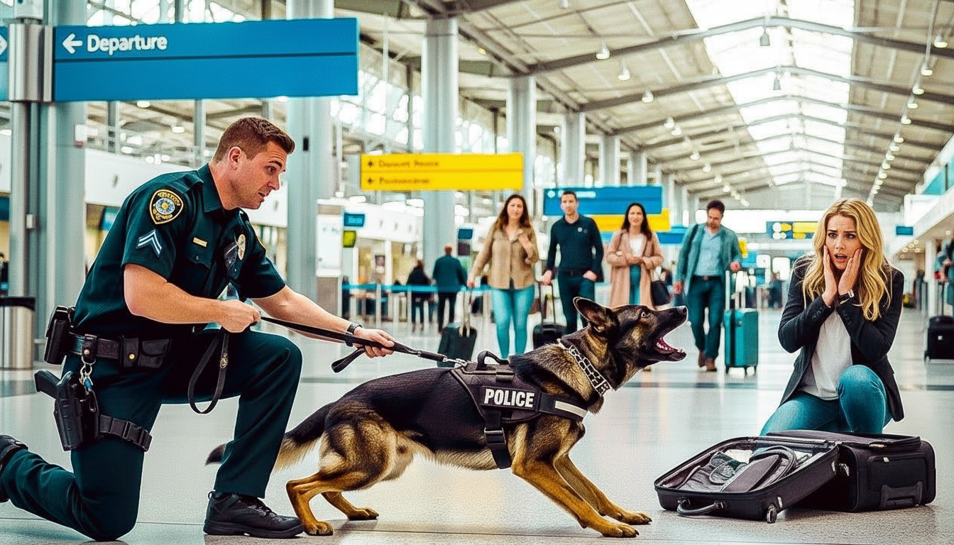 Cô gái bị kiểm tra túi xách với vẻ mặt hốt hoảng ở sân bay.