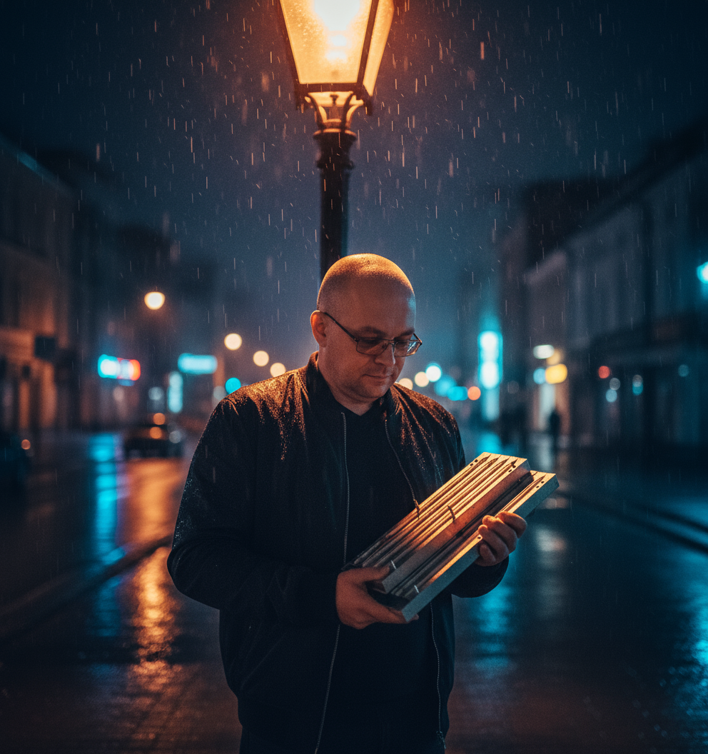 Man in a bomber jacket holding a candle mold in dramatic neon-lit rain scene.