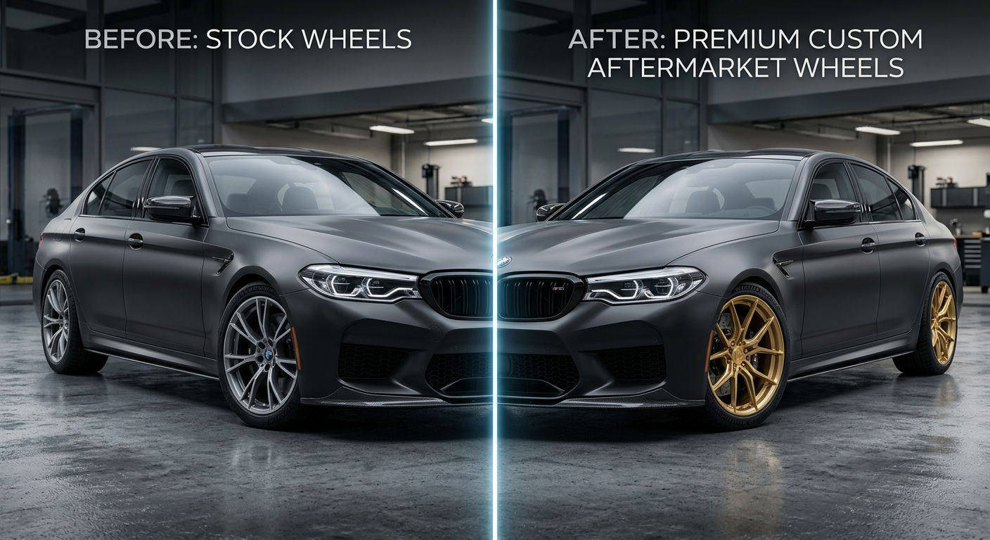 Before and after AI wheel swap visualization