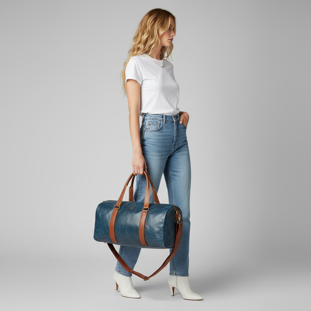 Fashion model holding user’s blue leather duffle bag as described, all other details unchanged.