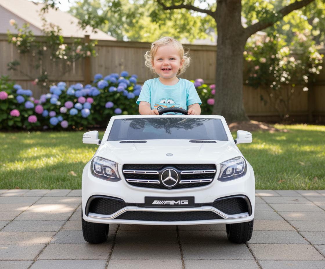 Dziecko w białym aucie Mercedes AMG na podwórku, realizm