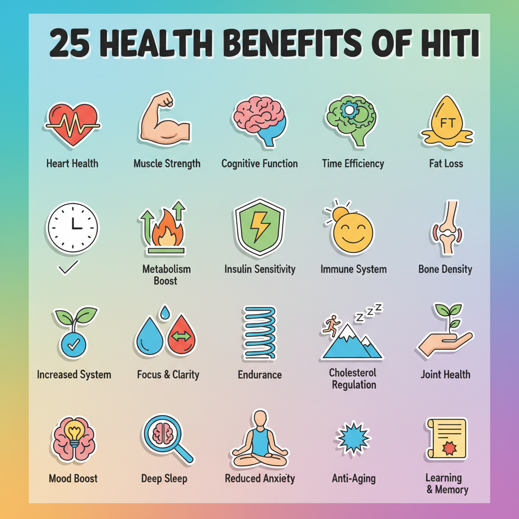 Colorful infographic: 25 health benefits of HIIT training with icons and brief descriptions.