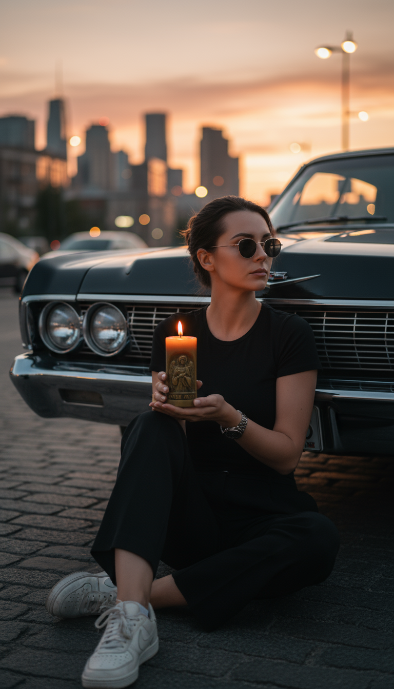 Cinematic urban portrait based on the uploaded selfie, sitting by a vintage black car at sunset.