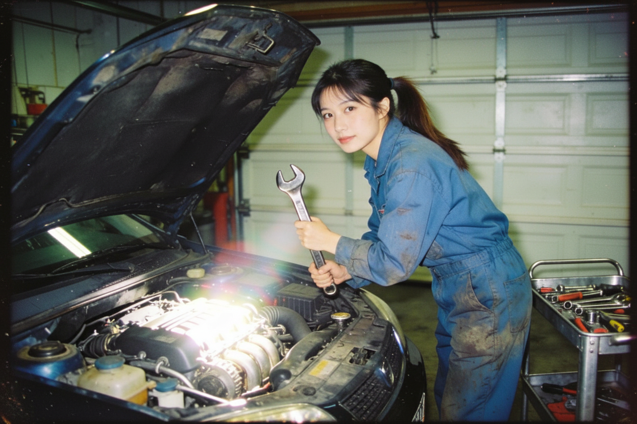 AI-generated image of mechanic woman matching reference: young Asian woman in dirty blue jumpsuit holding wrench by open car hood