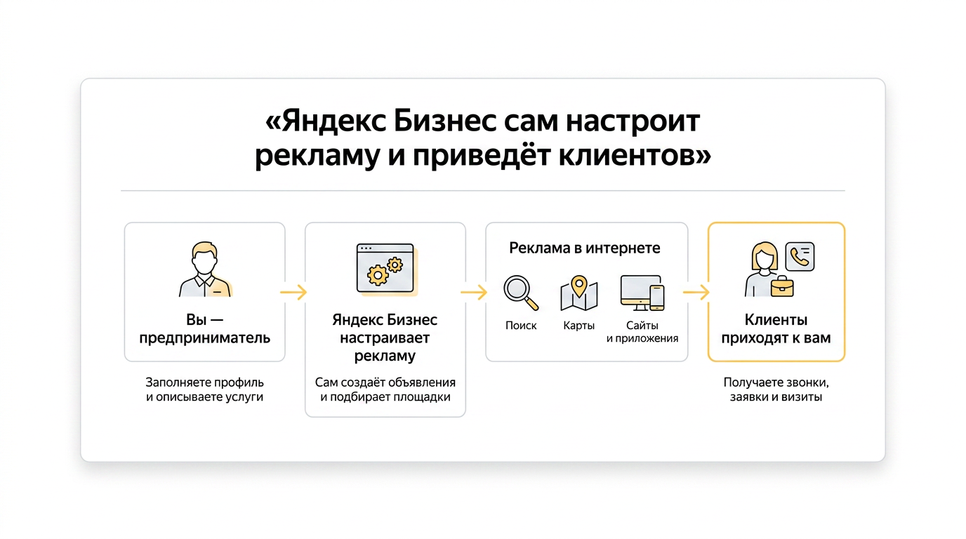 Схема как Яндекс Бизнес сам настраивает рекламу и приводит клиентов