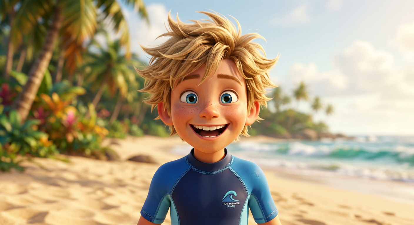 Maverick — 7-year-old with spiky blonde hair and blue rash guard