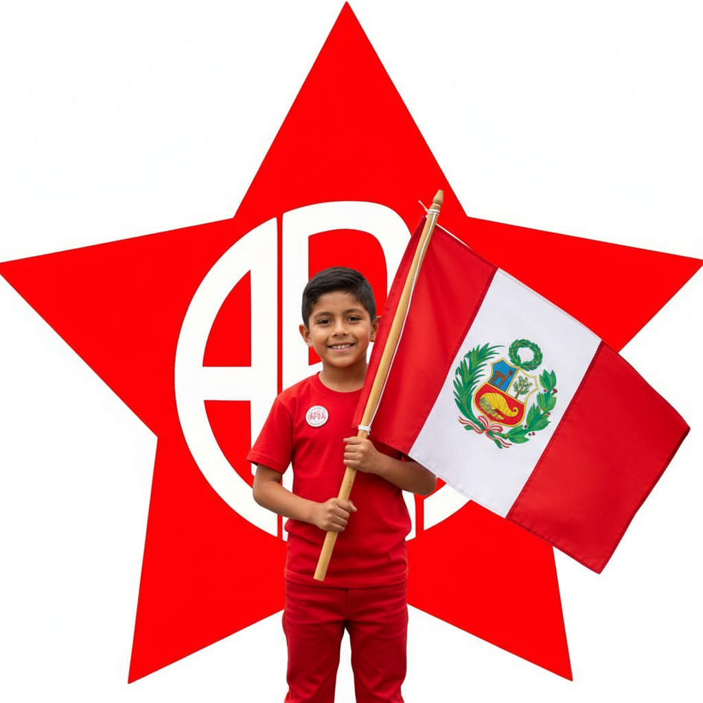 Niño aprista sosteniendo la bandera peruana con la estrella del APRA