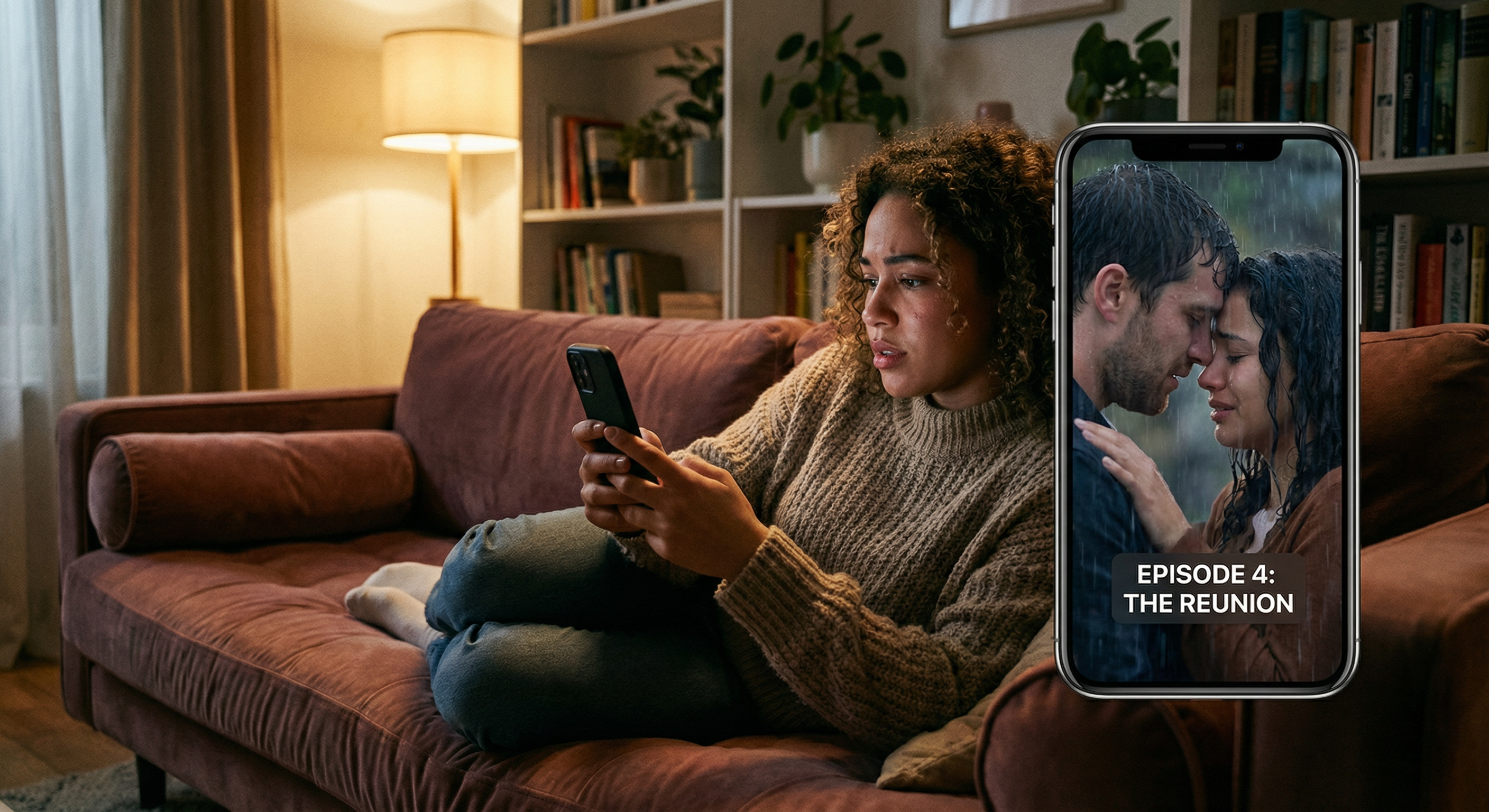 Spectatrice regardant un micro-drama sur smartphone