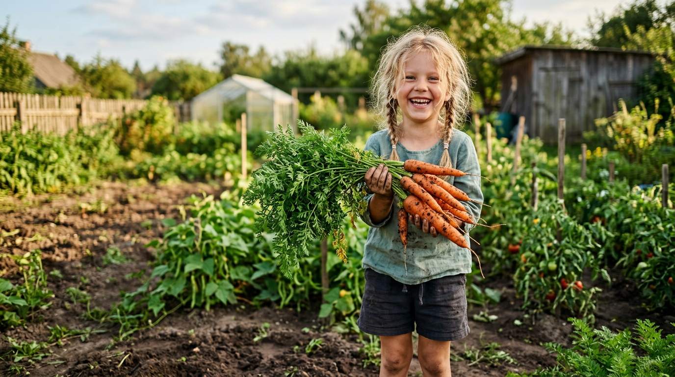 Laimingas vaikas darže laiko ką tik nuimtas morkas