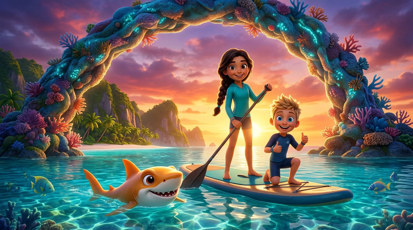 Kayla with dark braided hair in teal rash guard, Maverick with blonde spiky hair in blue rash guard, and Leo the friendly lemon shark at Friendship Arch, Tide Breaker Island