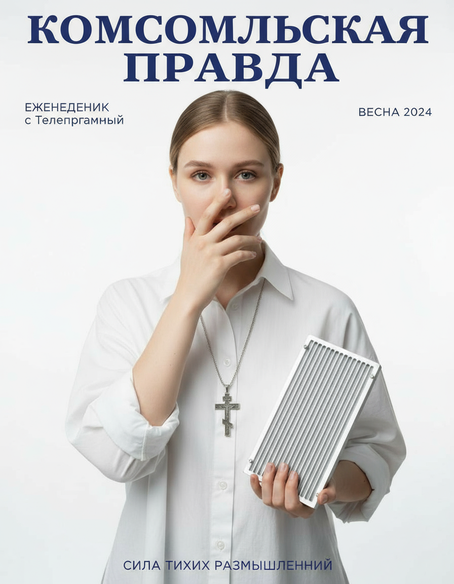 Обложка журнала Комсомольская правда с настоящим лицом пользователя, белая рубашка, крестик, металлическая форма для свечей.