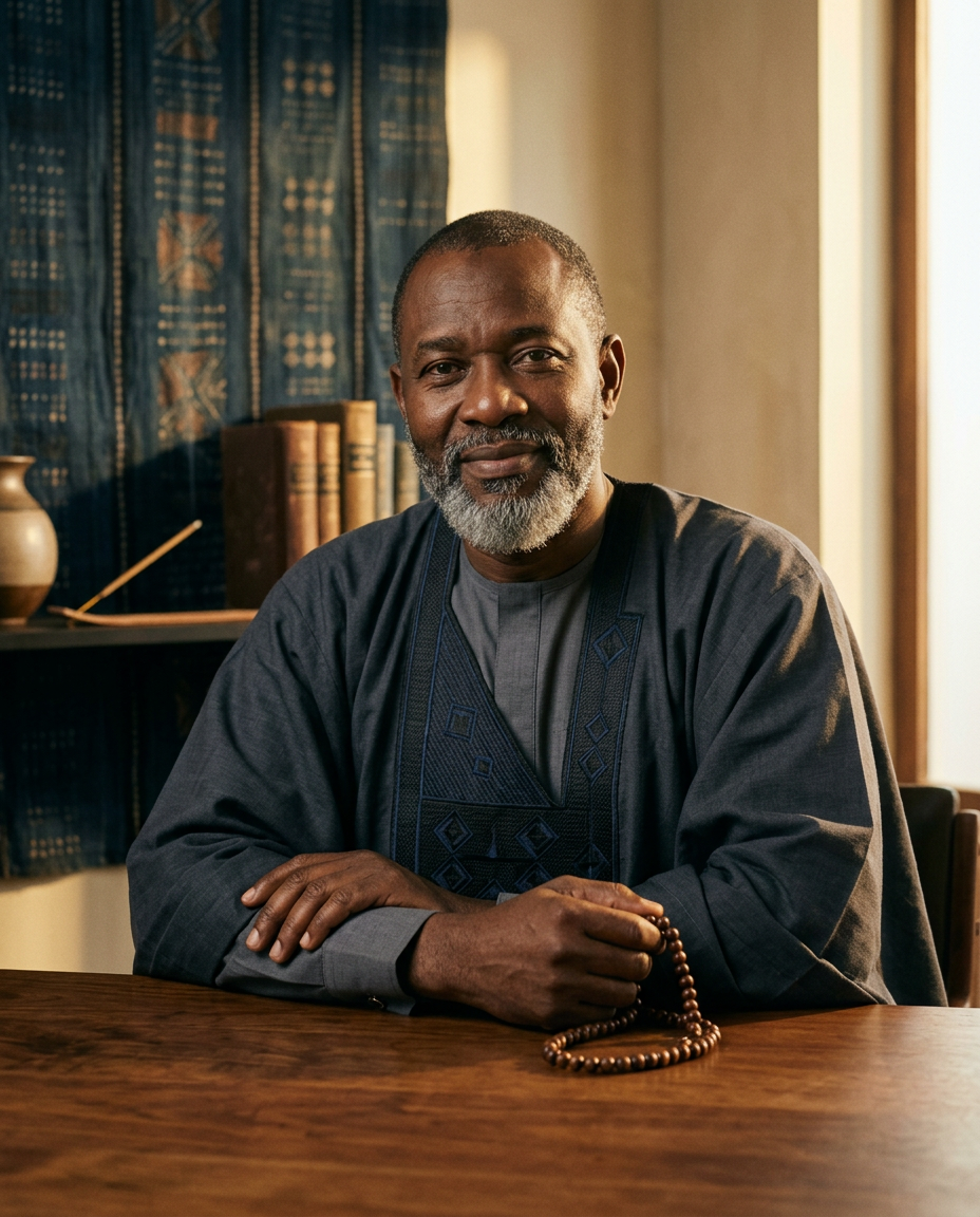 Portrait élégant d'un praticien africain dans une ambiance spirituelle sobre