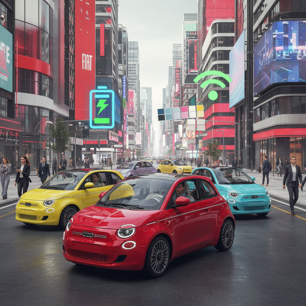 Urban scene showing young professionals in Fiat 500 Electric with EV and personalization icons.