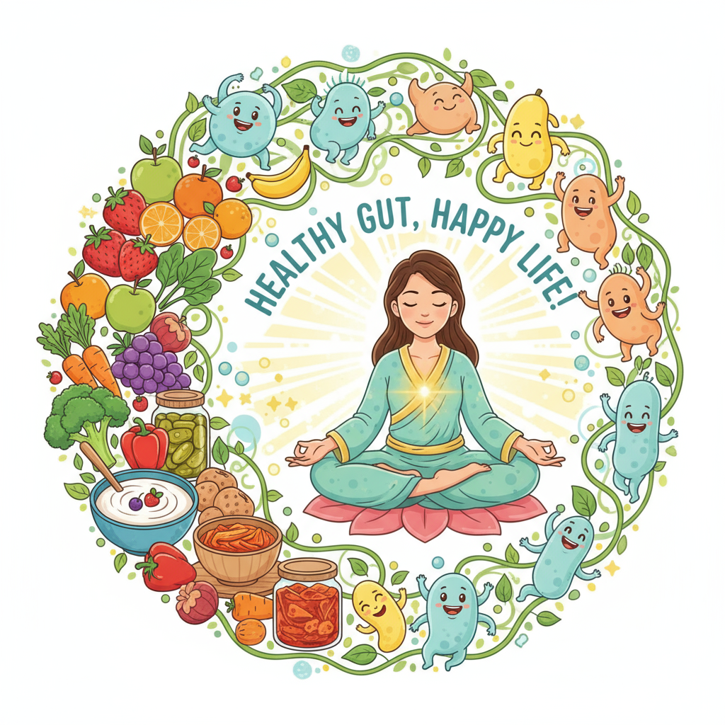 Illustration of happy gut bacteria surrounded by healthy foods like fruits, vegetables, and yogurt, with a person meditating peacefully.