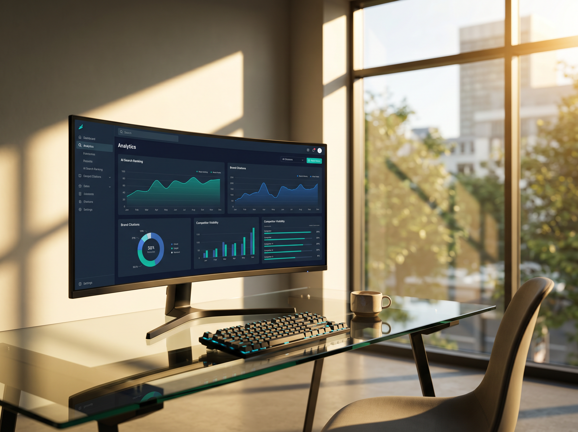 AI search analytics dashboard showing competitive intelligence and brand citation data