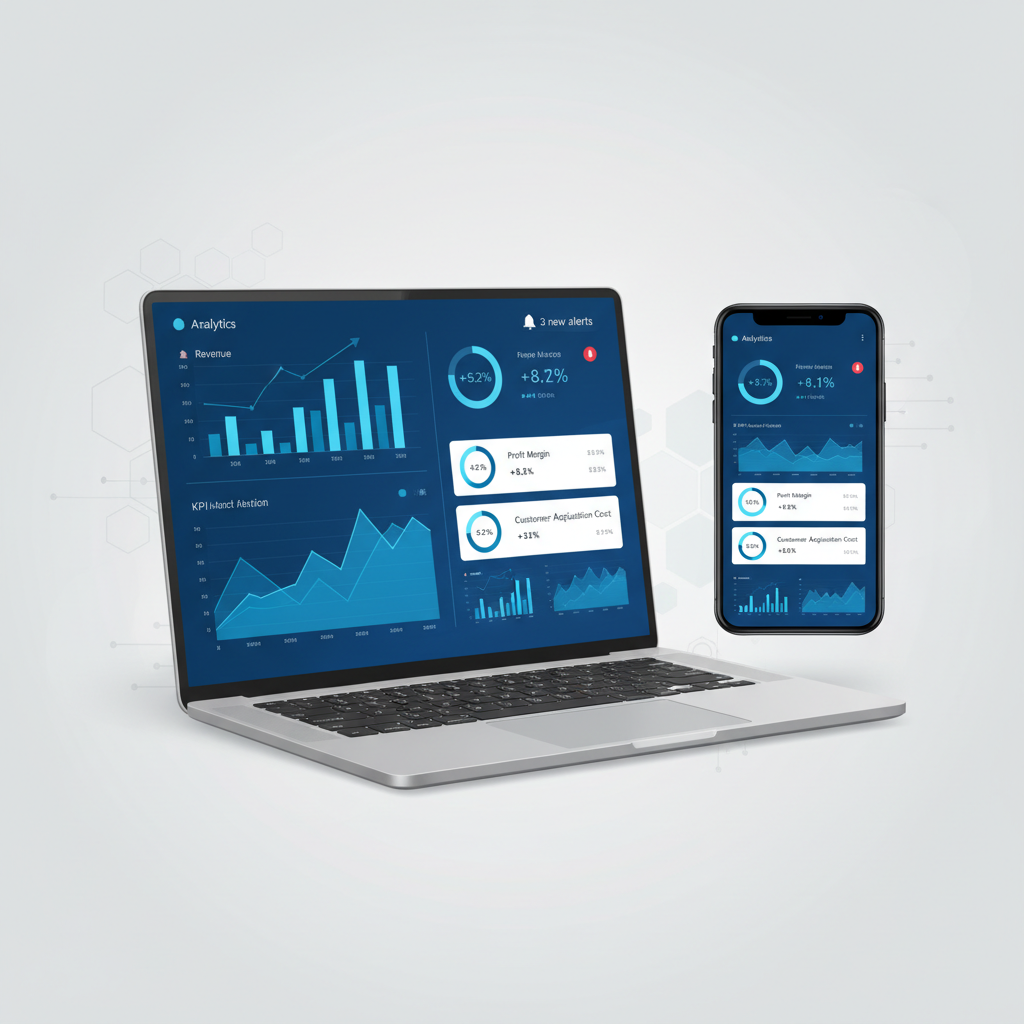 Real-time analytics dashboards displayed on both desktop and mobile devices showing responsive cross-device design