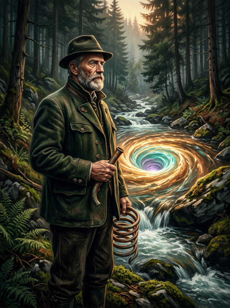 Viktor Schauberger illustration — at a forest stream with copper pipe