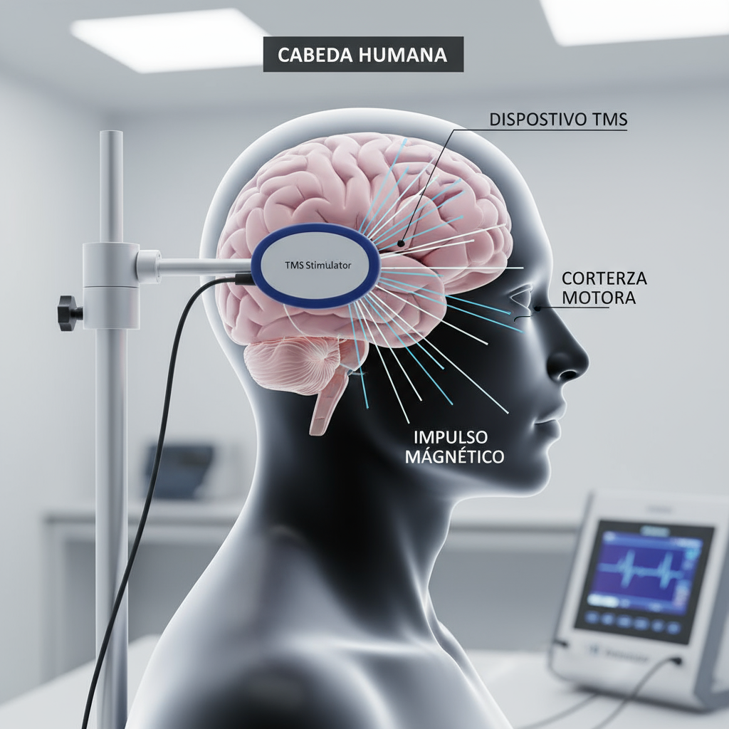 Ilustración de cabeza humana con dispositivo de estimulación magnética transcraneal TMS