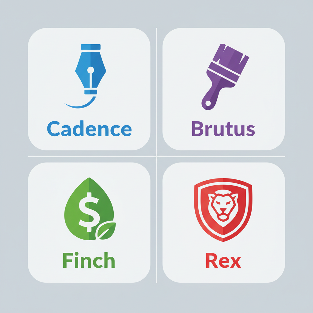 Cadence, Brutus, Finch, and Rex — the four Consensus Engine AI agents