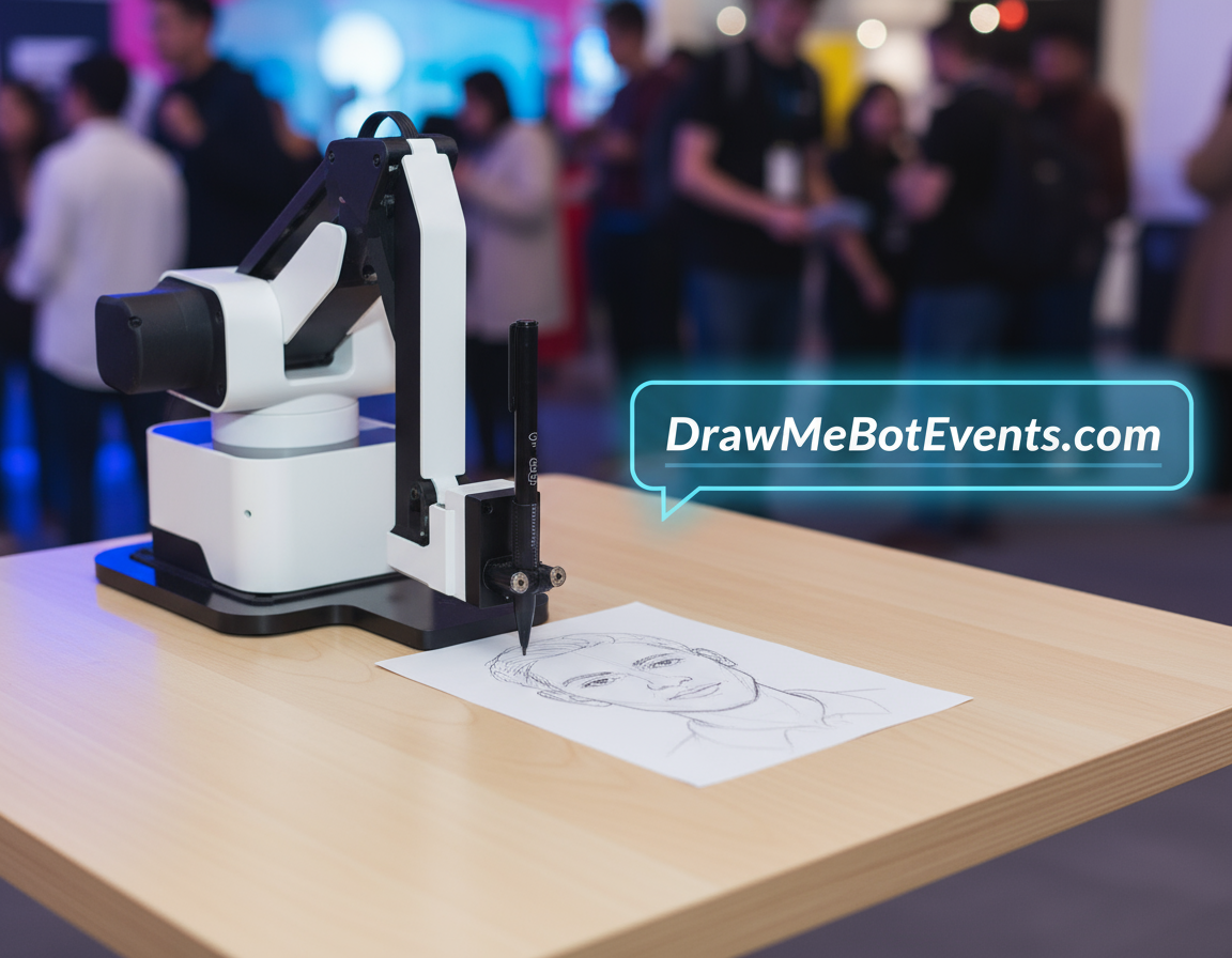 Original Sketch Bot machine with branded sketch and callout DrawMeBotEvents.com