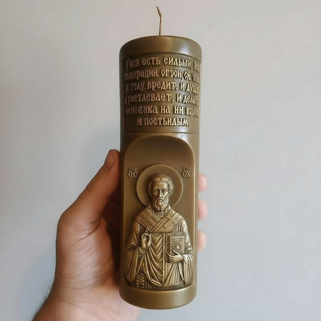 Orthodox candle with new inscription about anger, icon preserved.