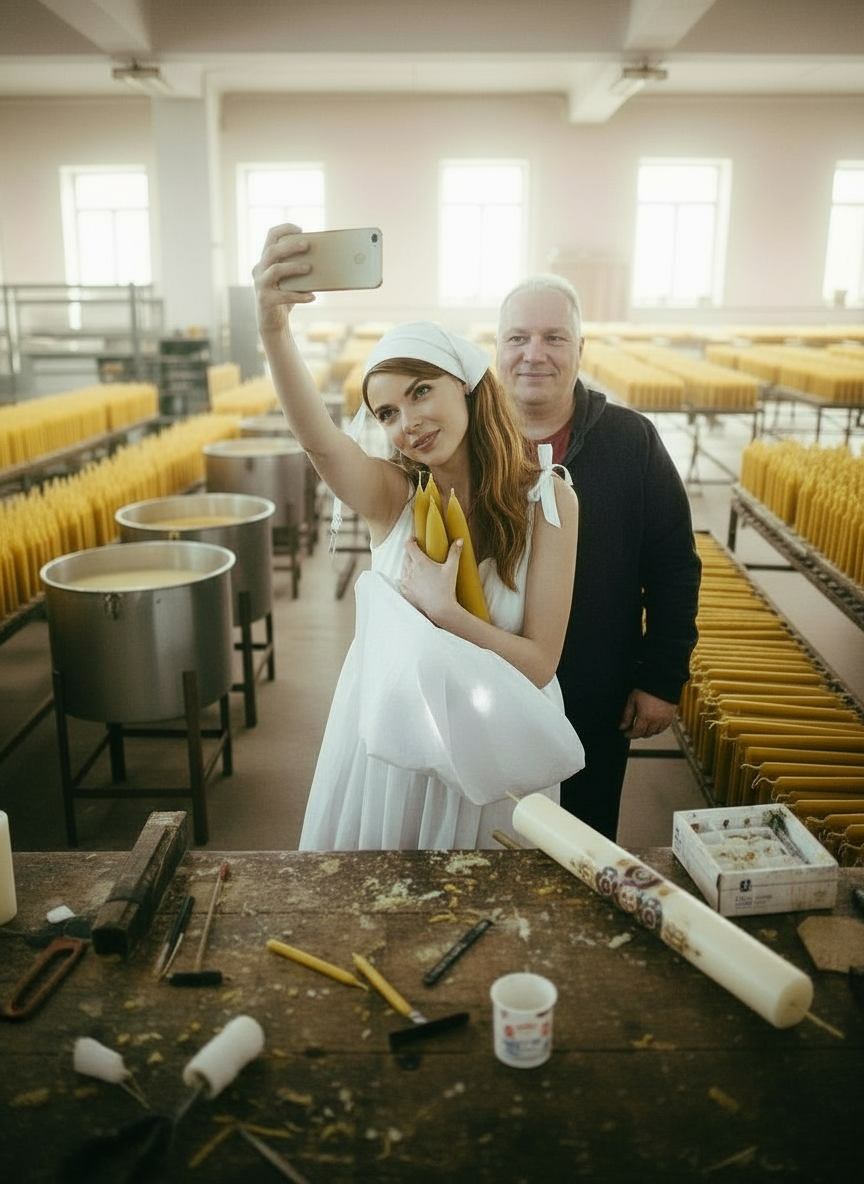 Two people taking a selfie in a candle workshop with yellow candles in background