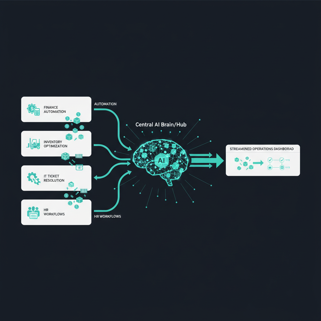 Illustration of AI efficiency and operations agents automating back-office workflows across finance, inventory, and IT