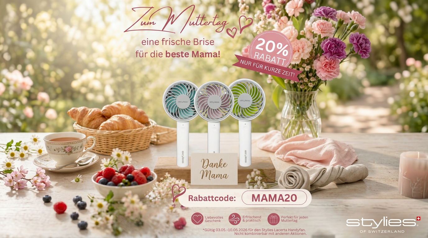 Muttertagsmotiv mit Stylies Handfans, Blumen und Frühstück im Frühlingslook