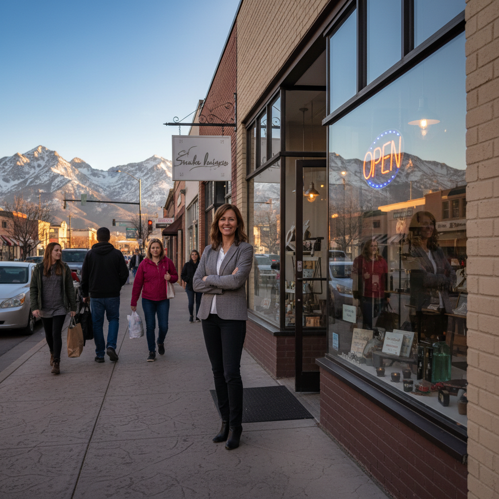 Local Salt Lake City small business storefront with Wasatch Mountains in the background