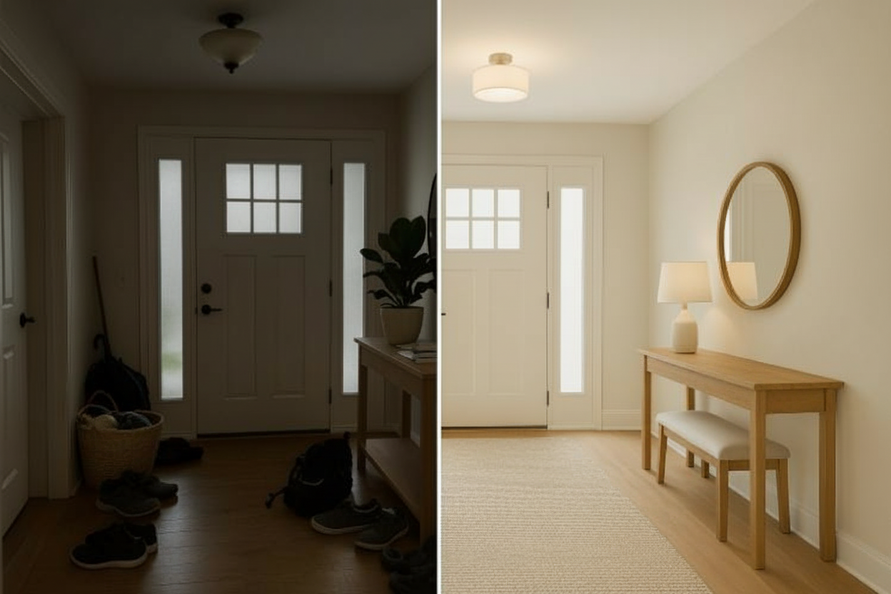 Before-and-after style entryway showing dark cluttered space and bright minimalist space side by side.