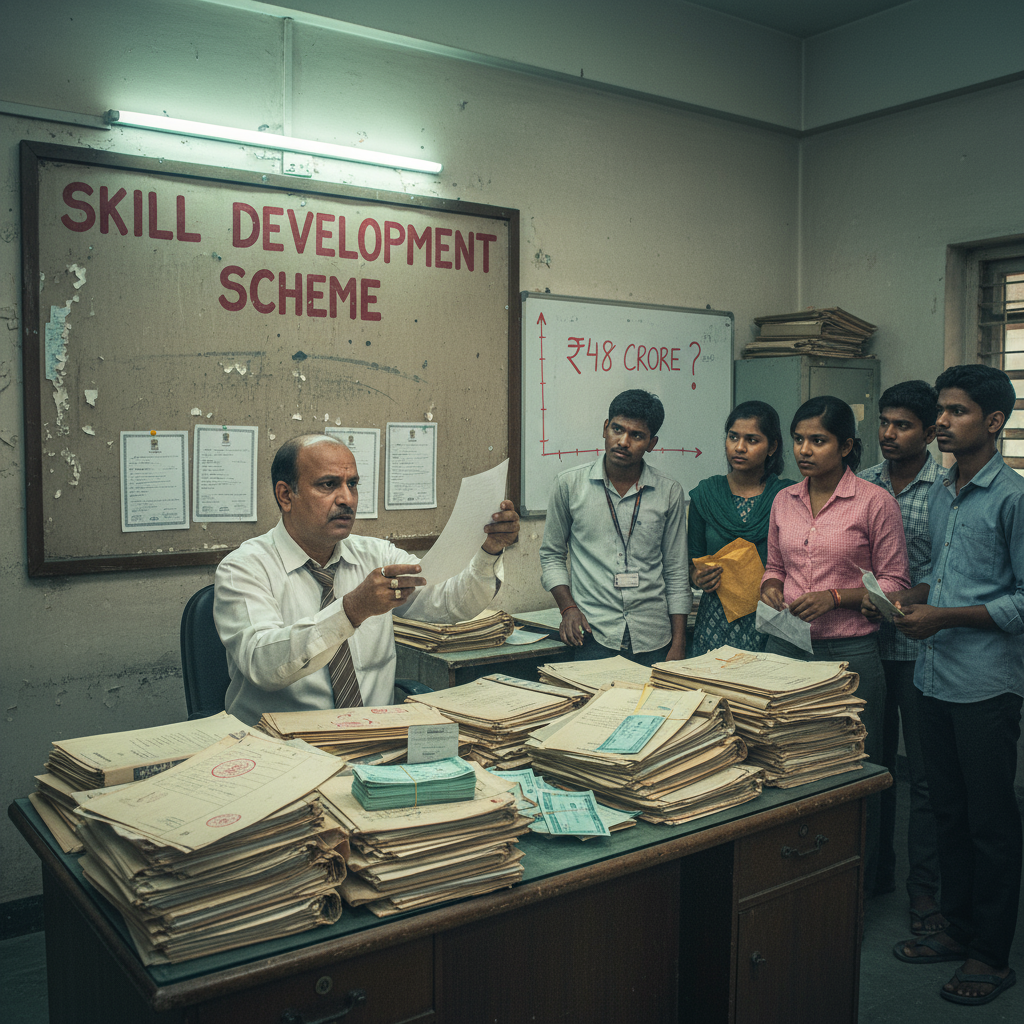 News-style office scene suggesting corruption around a Skill Development Scheme.