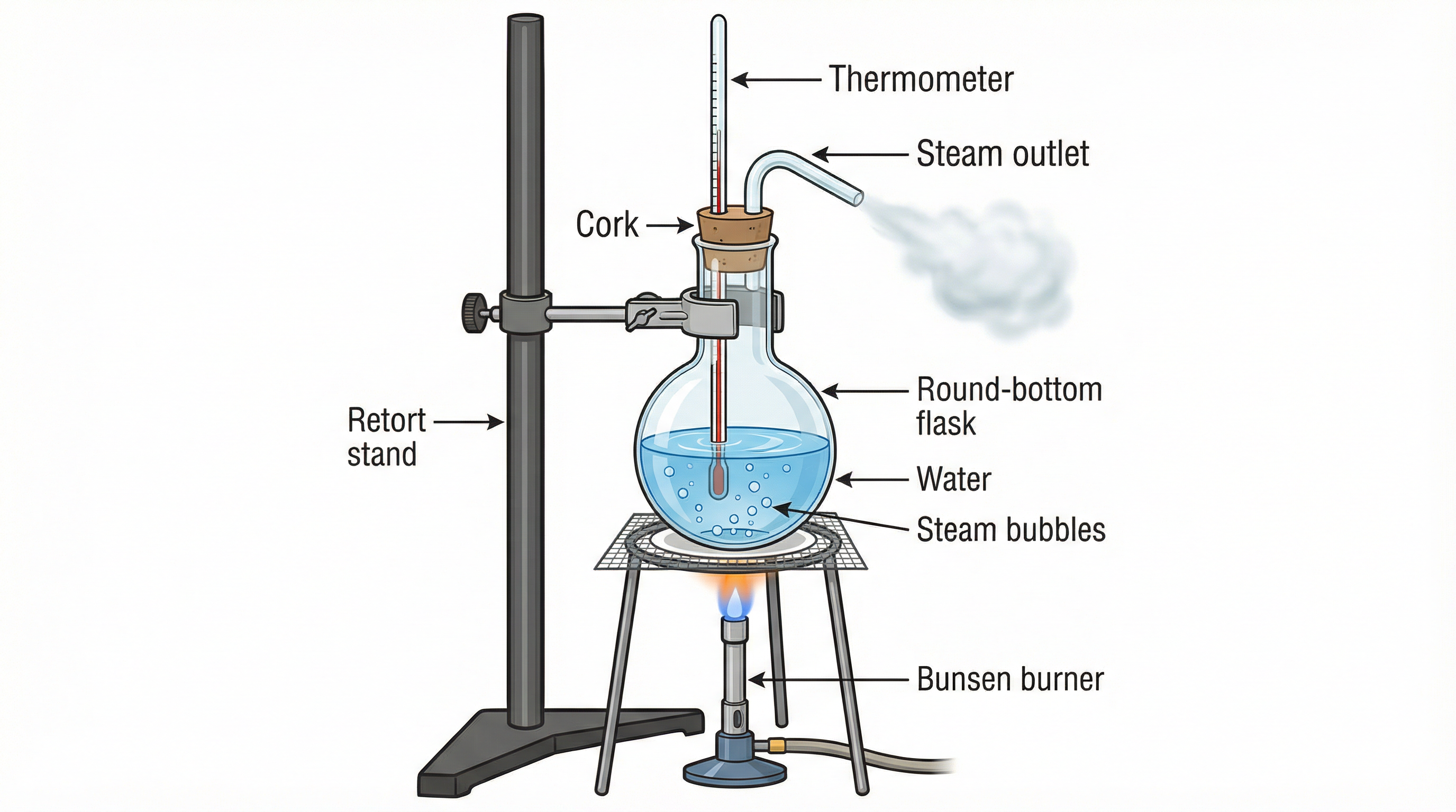 Labelled diagram of the boiling point experiment setup showing a round-bottom flask on a burner with thermometer and steam outlet