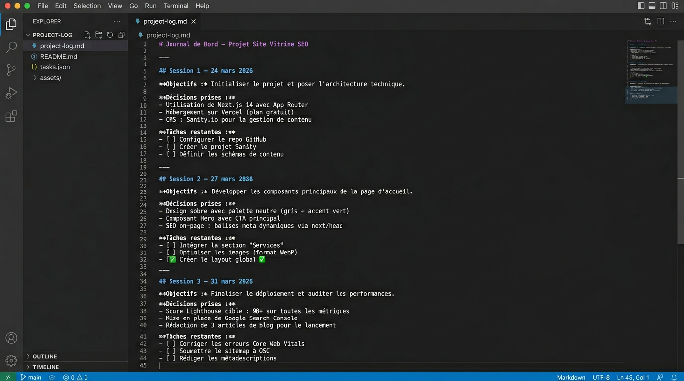 Capture d'écran simulée du fichier project-log.md dans VS Code