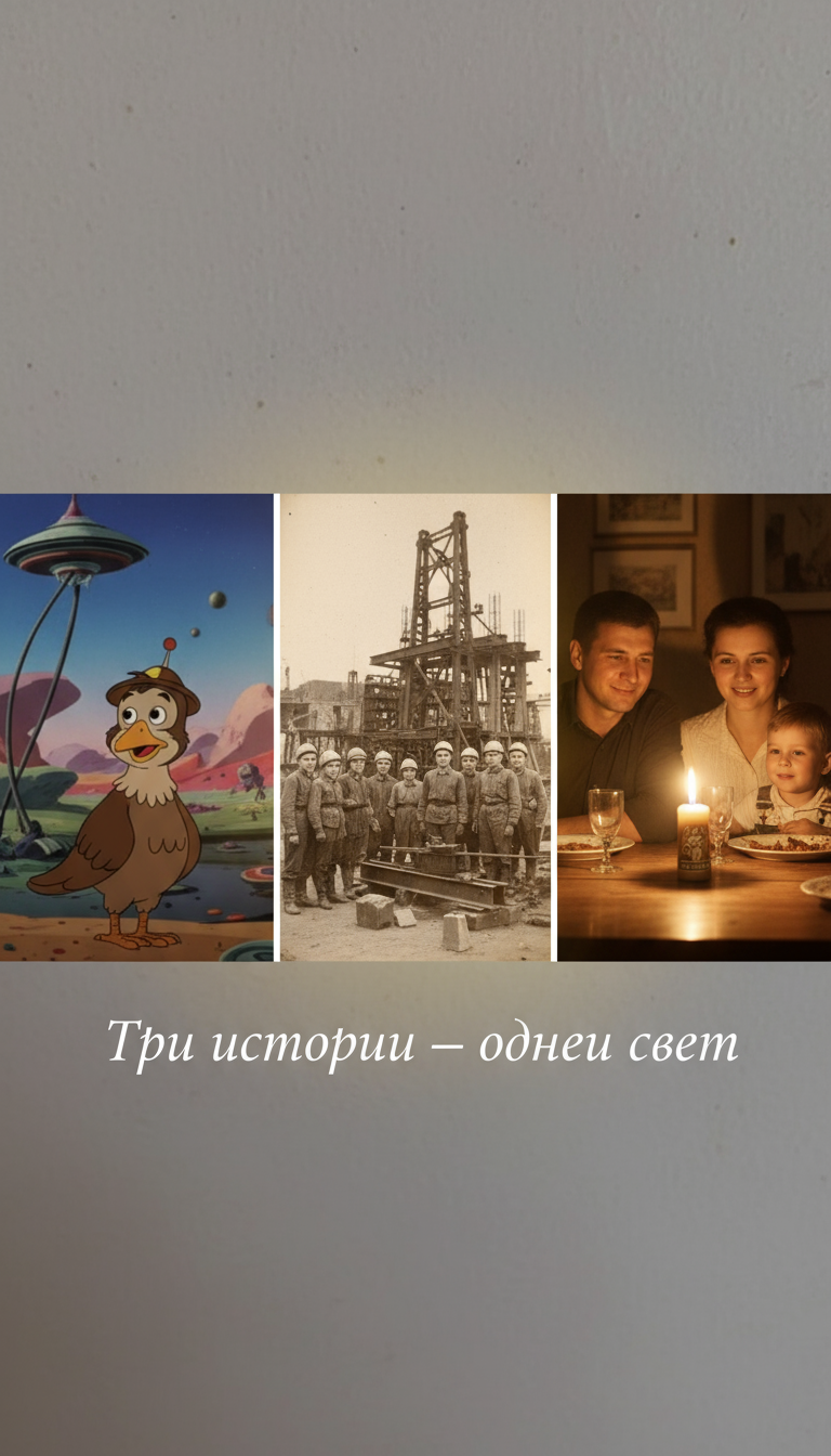Коллаж из трех частей: Говорун, комсомольцы на стройке, семья со свечой. Надпись: «Три истории — один свет».