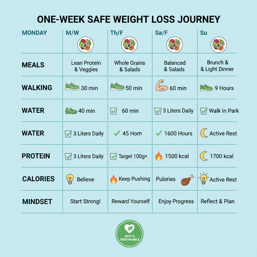 Infographic of a 7-day safe weight loss journey with meals, steps, water, sleep, protein, mindset.