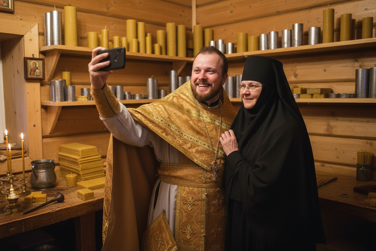Priest and nun taking a selfie together in a candle workshop with lit church candles and molds.