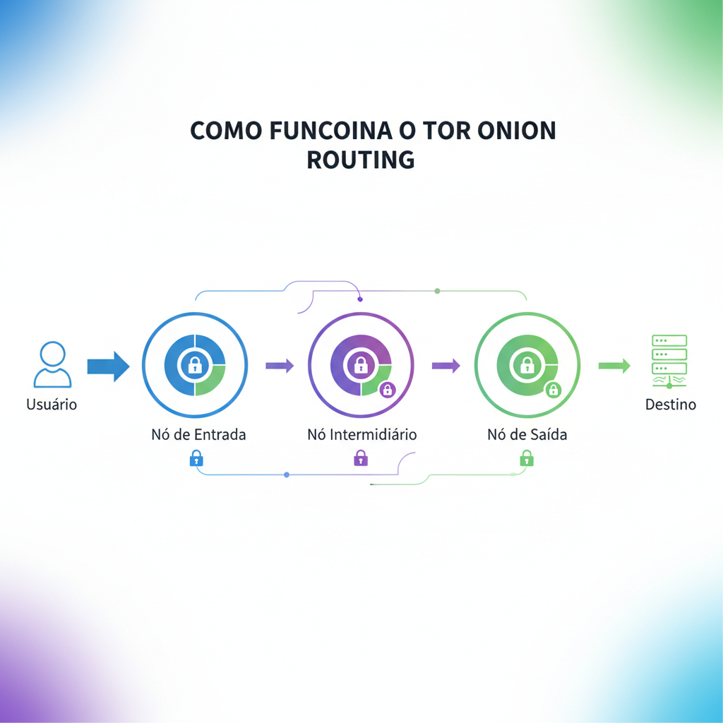 Diagrama explicativo do funcionamento do roteamento cebola (onion routing) no Tor