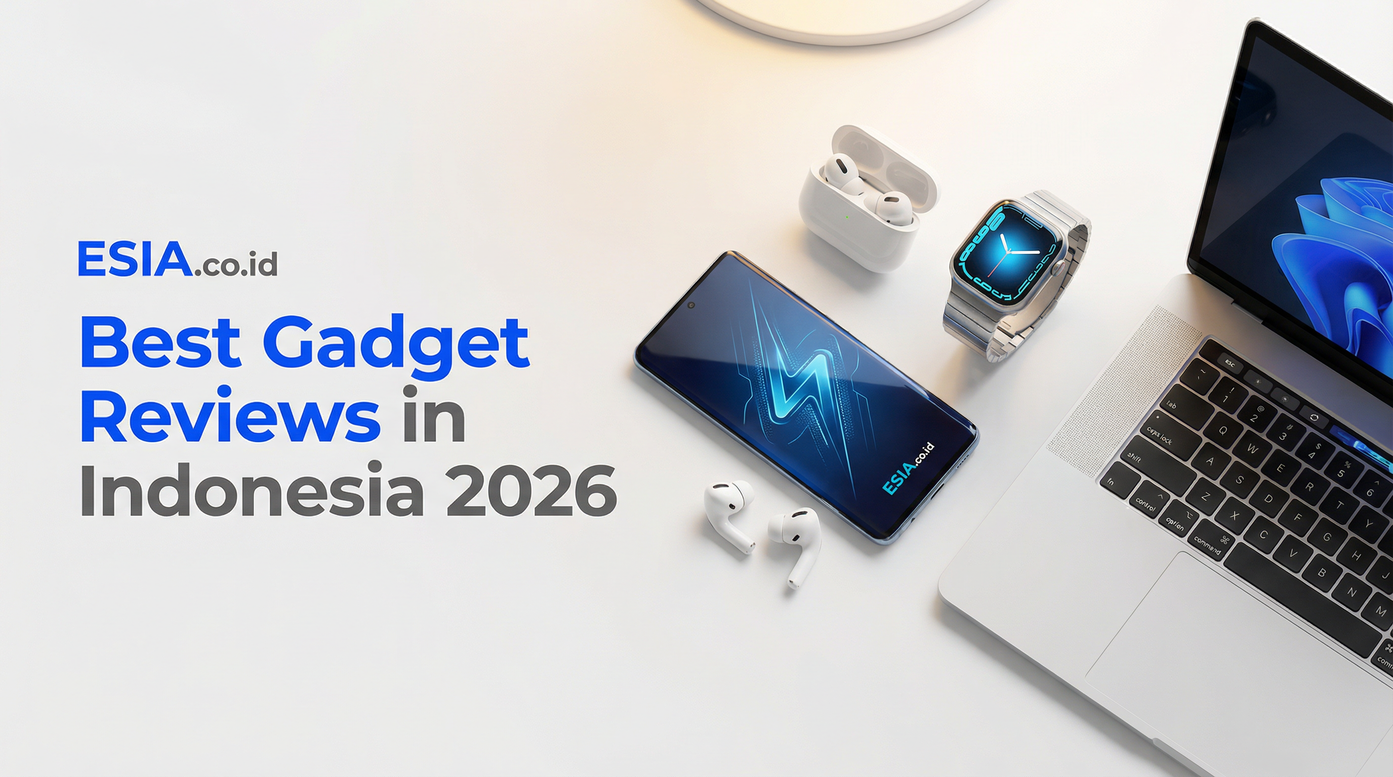 ESIA.co.id gadget review — editorial banner featuring smartphones, earbuds, and laptops