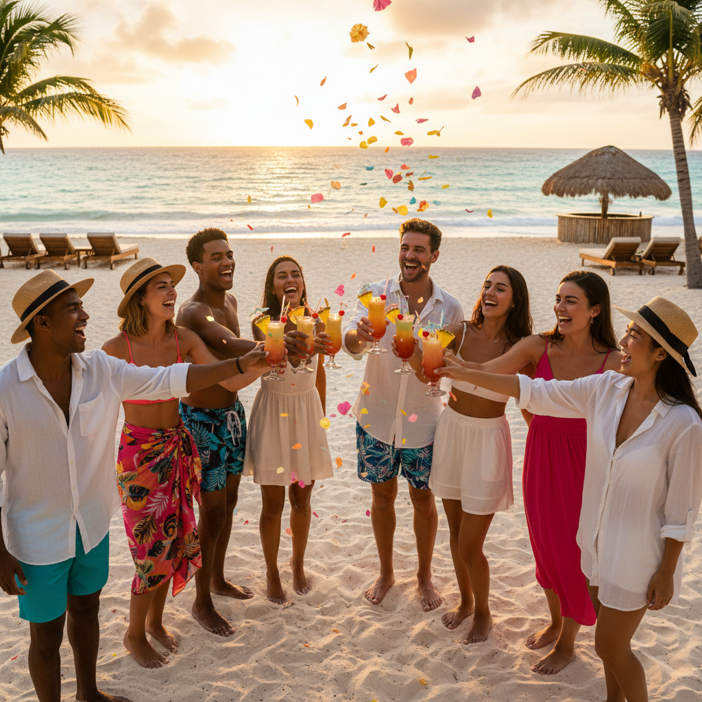 Group of friends celebrating together on Punta Cana beach at sunset with tropical cocktails