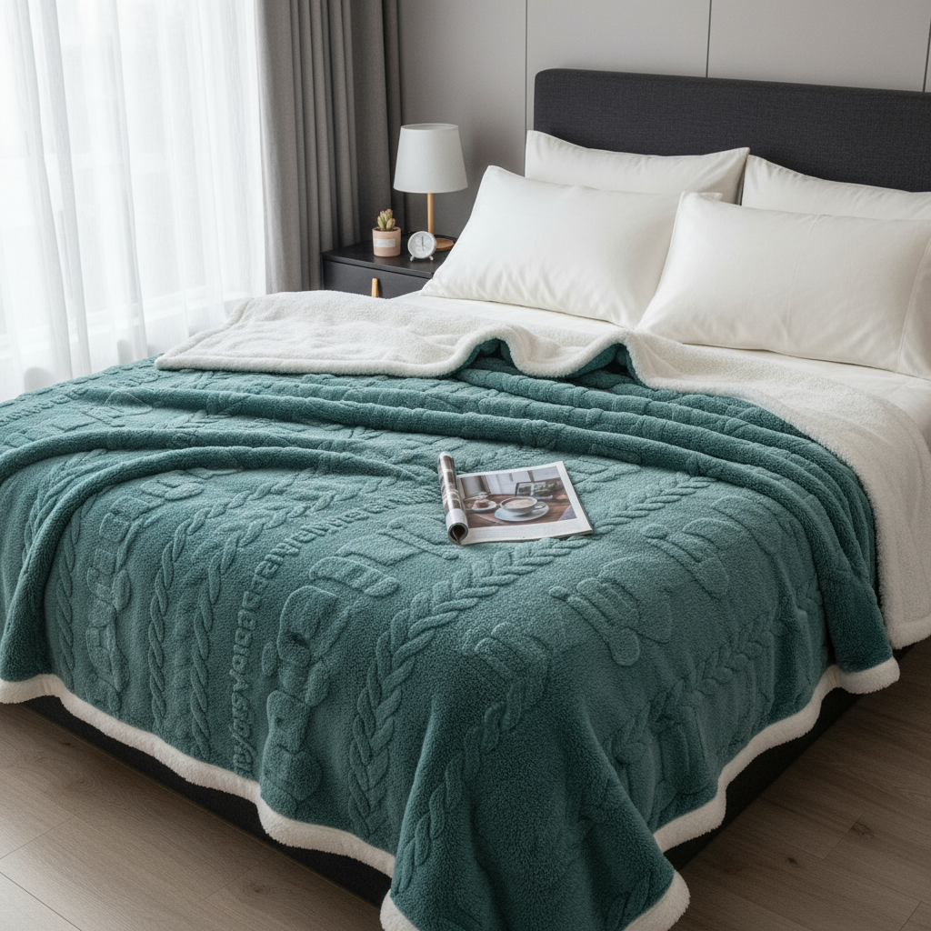 Lit avec couverture bleu-vert texturée et magazine, sans personne
