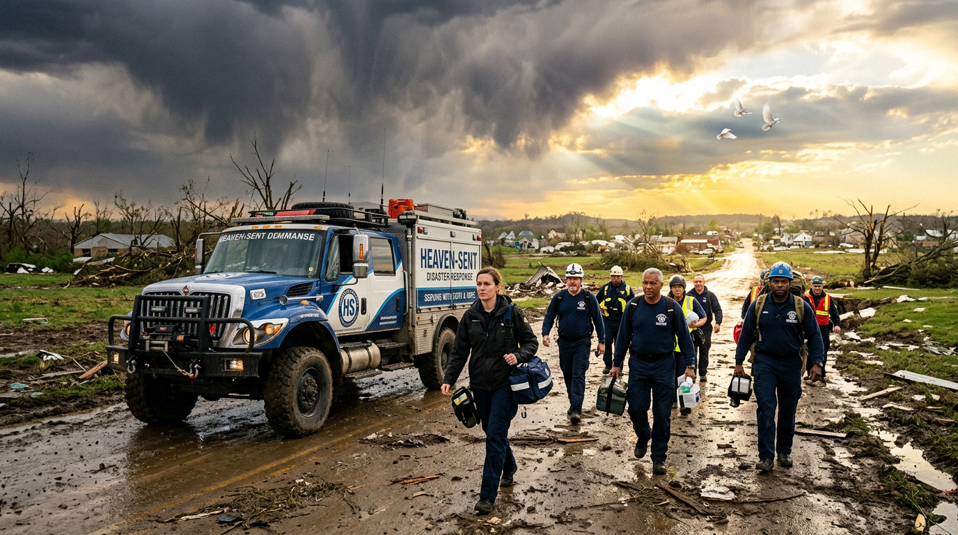 Heaven-Sent disaster response vehicle and team moving toward communities in need under dramatic skies
