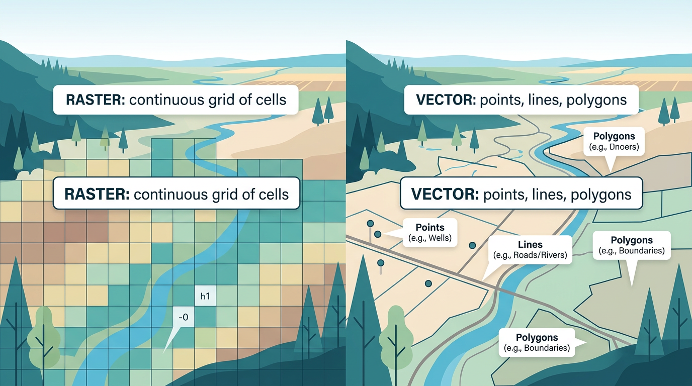 Infographic comparing raster grid cells with vector points, lines and polygons in GIS