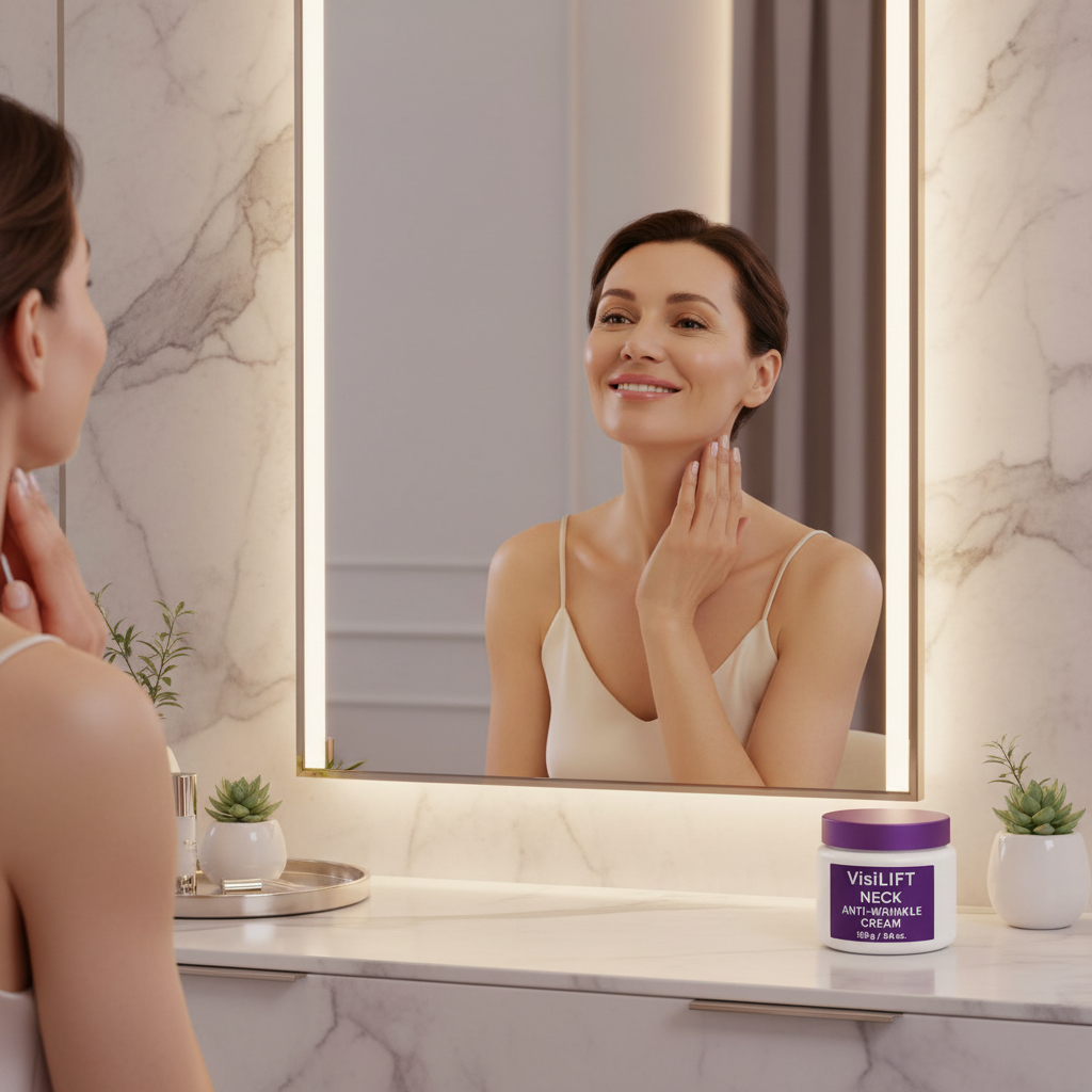 Mujer adulta con piel radiante tocando su cuello, crema VisiLIFT visible, estilo lujo.