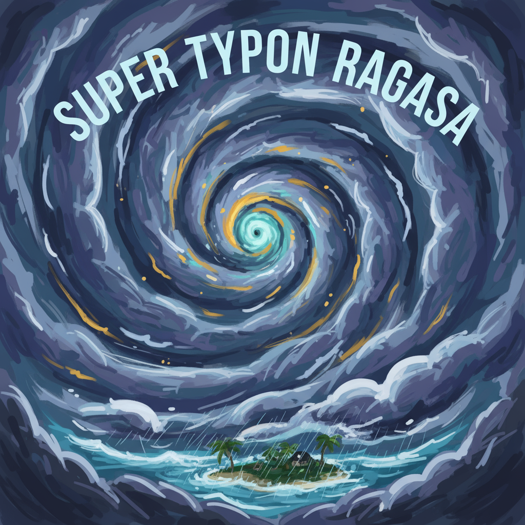 Artistic painting illustration of Super Typhoon Ragasa showing massive swirling storm system