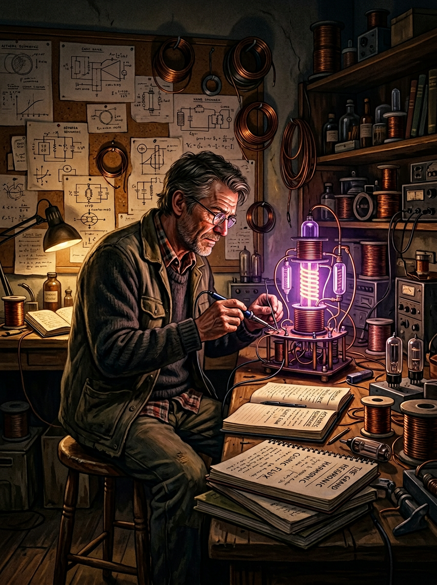 Cyril W. Davis illustration — working alone in his laboratory