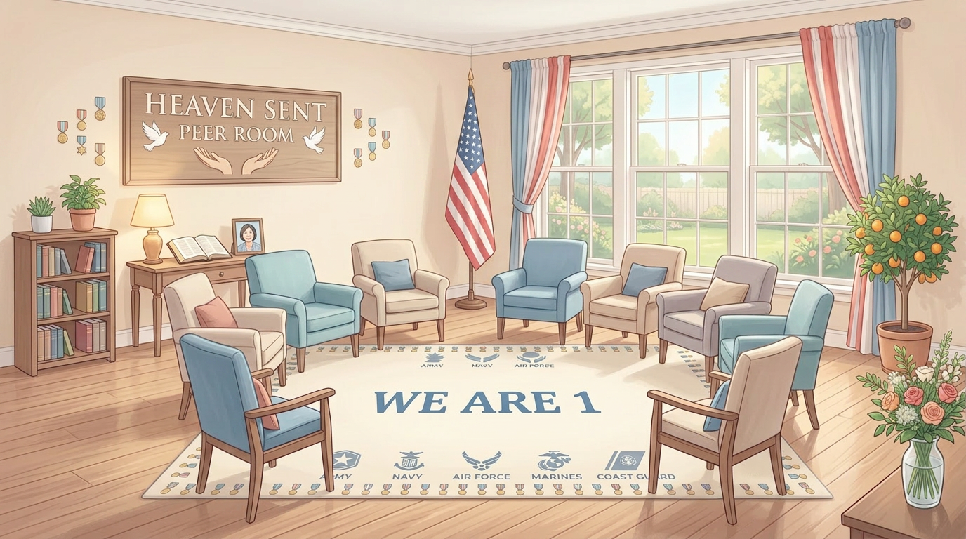 Pastel peer-to-peer veterans support room with We Are 1 rug and subtle medals