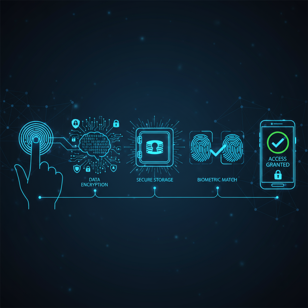 Step-by-step biometric authentication process with line art and blue highlights.