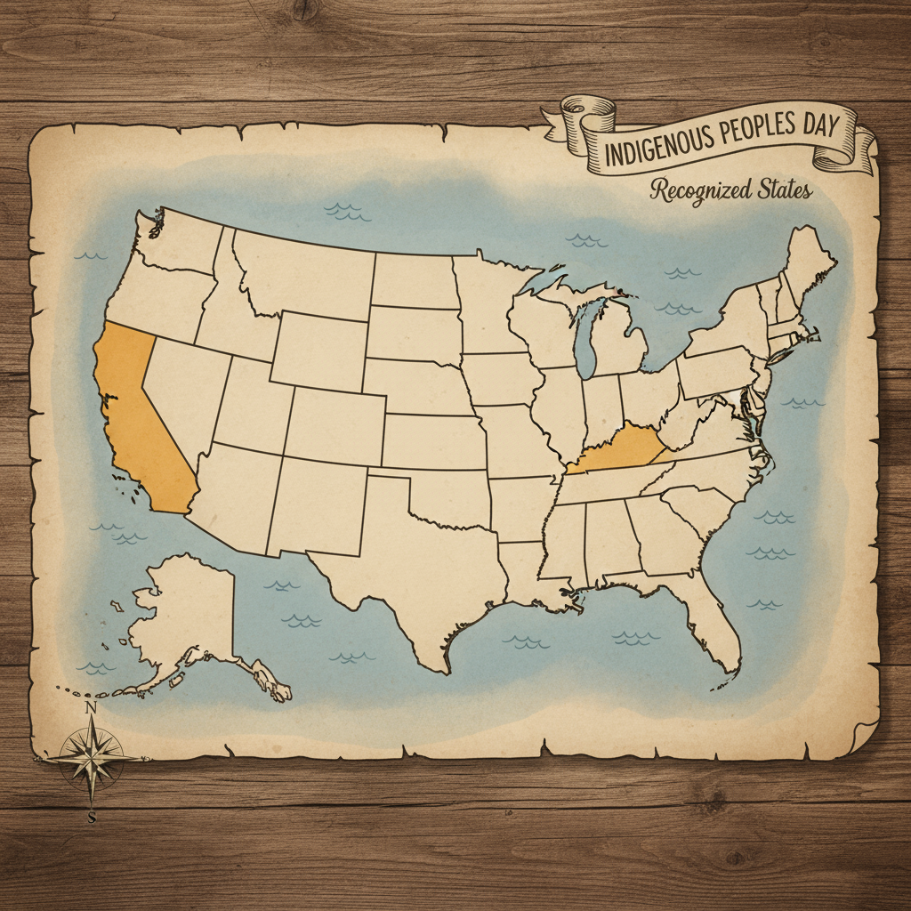 Map of United States highlighting states that celebrate Indigenous Peoples Day