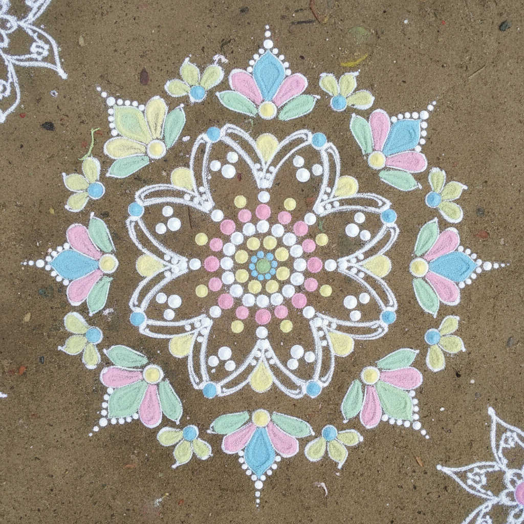 Simple Dot Mandala Rangoli with basic floral and spiral shapes